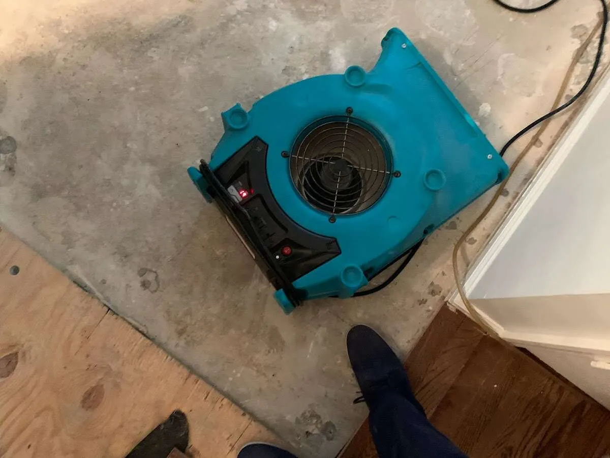 Air mover drying subfloor during Commercial Water Damage Restoration in St. Martin