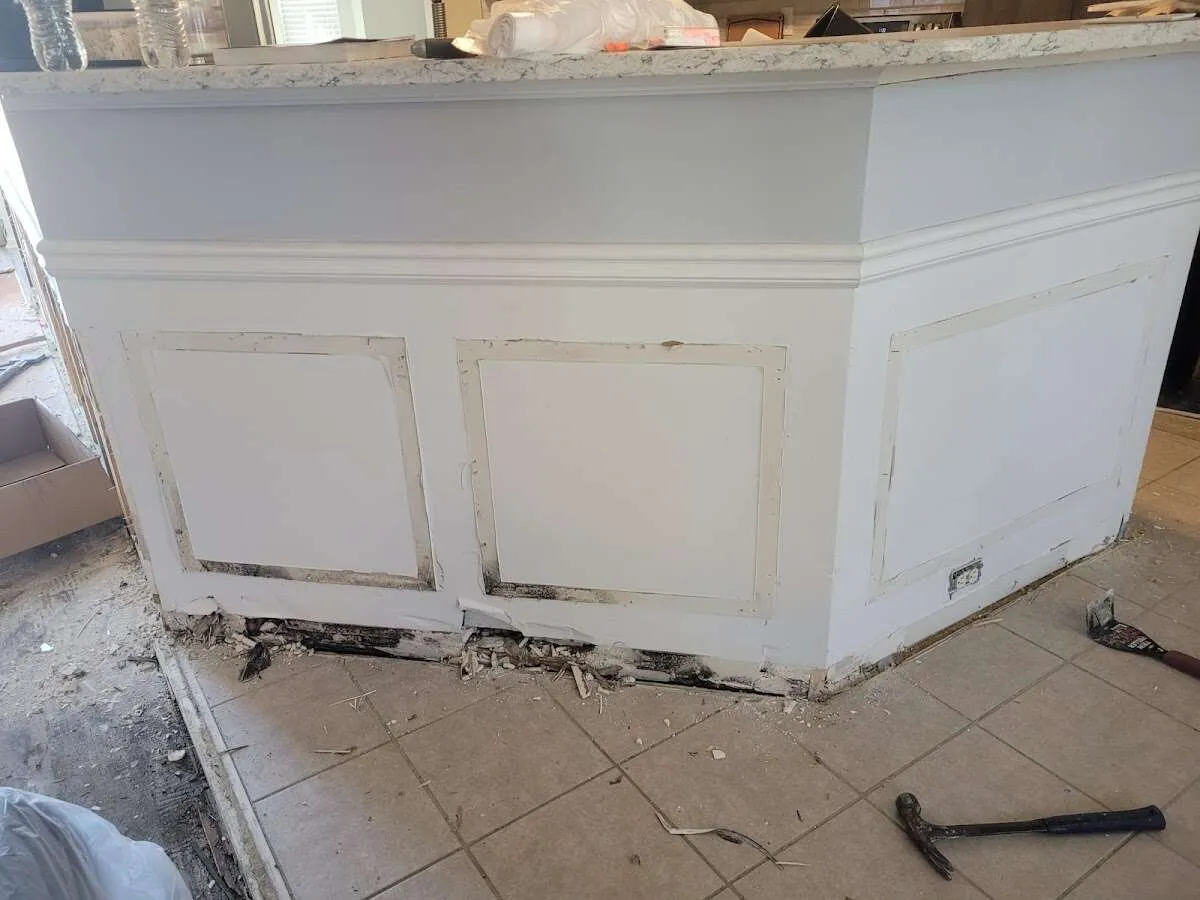 Water damage and mold on kitchen during Sewage Cleanup & Sanitation in St. Martin